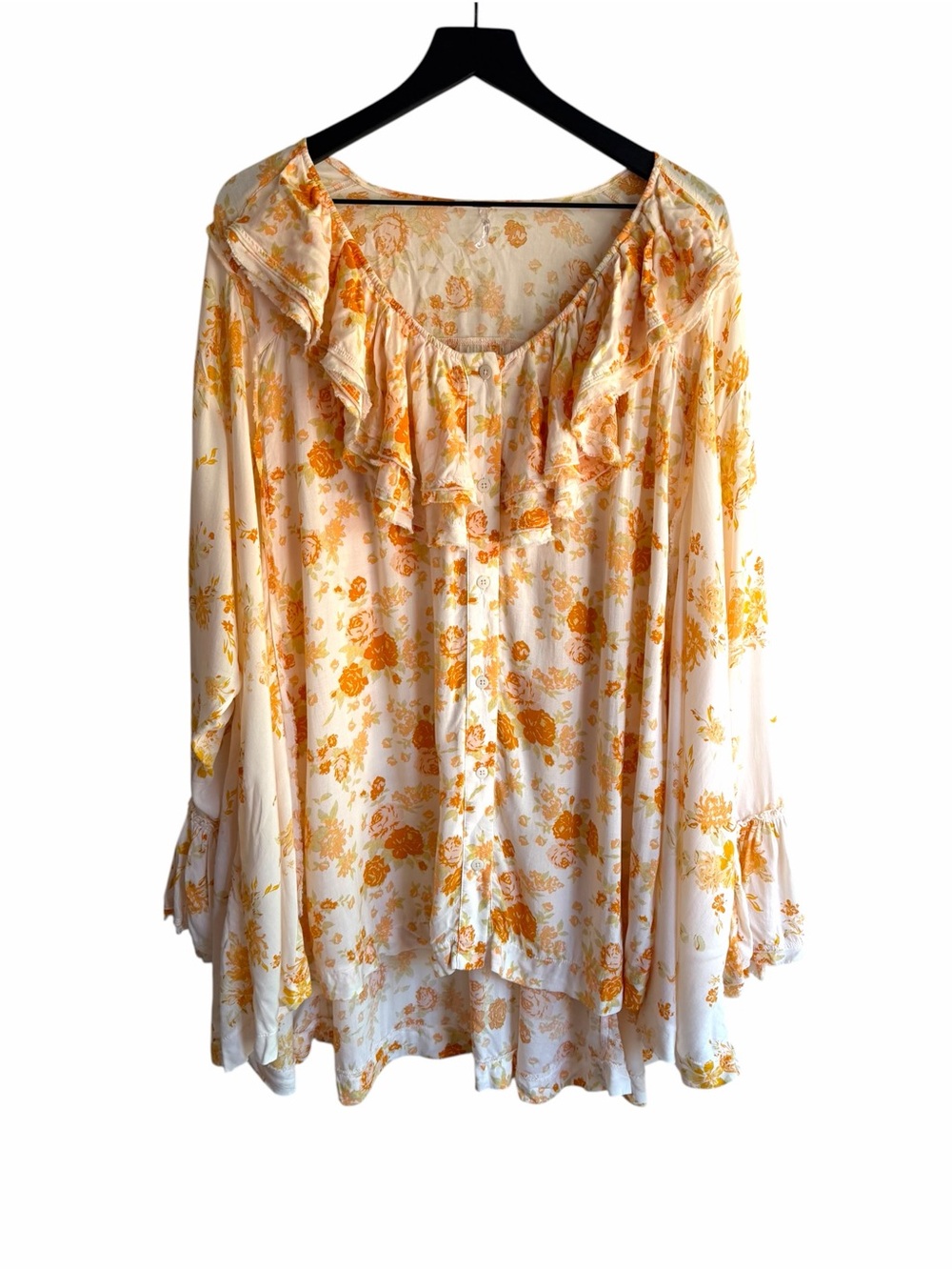 Free People White Yellow Floral Ruffle Scoop Neckline Button Front Tunic